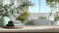 Serene spa composition with eucalyptus in mint vase, folded towels on wooden tray, bright bathroom interior with bathtub in background.