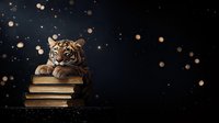 Majestic tiger resting on stack of vintage books against dark background with magical glowing bokeh lights and sparkles. Surreal educational concept.