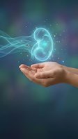 Human hands holding glowing kidney hologram with flowing energy waves on gradient background for medical healthcare technology concepts.