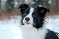 Border Collie dog with black and white fur looking attentively at camera during winter snow, close up portrait showing intelligent expression and distinctive markings.