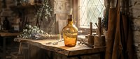 Medieval alchemist laboratory with amber glass bottle, mortar pestle, scrolls on wooden table. Warm sunlight through diamond window creates atmospheric scene.