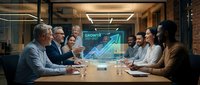 Business team analyzing growth chart in modern conference room with diverse professionals discussing financial strategy and data visualization.