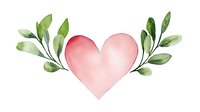 Watercolor pink heart with green leaves and branches, romantic floral composition on white background for wedding invitations and valentines cards.