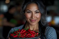 Asian woman with long dark hair holding fresh red chili peppers in bowl, warm atmospheric lighting creates intimate restaurant ambiance, genuine smile radiates confidence.