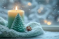 Cozy winter composition with glowing candle, decorative pine tree and pinecone on knitted scarf against snowy window background with bokeh lights.