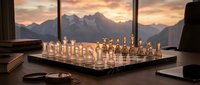 Luxury chess set on wooden desk with dramatic mountain sunset view through office windows creating warm golden lighting atmosphere for strategic thinking.