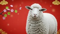 White fluffy sheep on red background with golden clouds and cherry blossoms for Chinese New Year celebration and spring festival decorations.