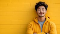 Young Asian man in yellow hoodie smiling against bright yellow brick wall background. Casual portrait for lifestyle and fashion content.