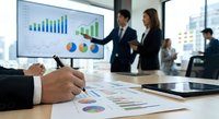 Business professionals analyzing financial data charts and graphs during corporate meeting presentation with digital display screen in modern office.