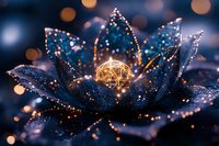Magical glowing lotus flower with golden light sphere in center, dark blue petals covered in sparkling water drops against blurred bokeh background.