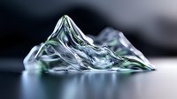 Translucent glass mountain peak formation with green tints on dark background, creating minimalist artistic composition for luxury design and modern decor.