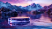 Frozen ice cylinder floating on calm water surface with majestic snow-capped mountains and vibrant purple sunset sky reflecting in background.