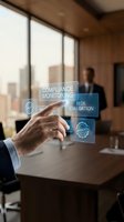 Businessman touching digital compliance monitoring interface with risk evaluation buttons in modern office environment for regulatory management.