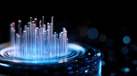 Glowing blue fiber optic cables emerge from circular base with rippling light effects and bokeh on dark background, futuristic technology concept for digital communications.
