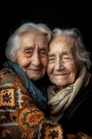 Elderly twin sisters with white hair sharing intimate moment, genuine smiles and wrinkled faces against dark background, wearing patterned clothing and scarf.