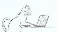 Cat working on laptop computer in minimalist line art style, single continuous drawing for modern office decor and remote work concepts.