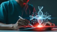 Scientist analyzing DNA structure with holographic molecular models and genetic research data on digital tablet in modern laboratory setting.