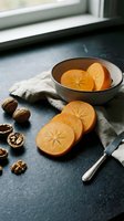 Sliced persimmons and walnuts arranged on a dark stone surface with a ceramic bowl and linen napkin in moody natural light.