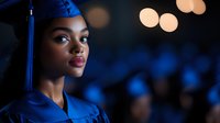Young African American female graduate in blue cap and gown with tassel, photographed in dramatic lighting against dark background with soft bokeh lights.
