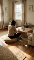 Young Asian woman writing in journal while sitting on wicker cushion in cozy living room with natural sunlight streaming through window.