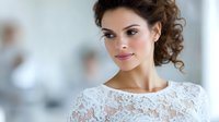 Young Hispanic woman with curly updo hairstyle wearing white lace dress smiling confidently at camera against blurred light background. Professional beauty portrait.
