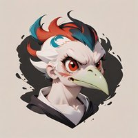 Stylized bird-like character portrait with vibrant orange eyes, sharp beak, and multicolored feathered hair against dark splatter background for gaming or fantasy art.