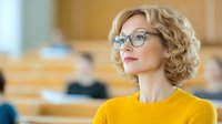 Professional blonde woman with glasses in yellow sweater looking thoughtfully away in modern office environment for business presentations and corporate materials.