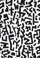 Abstract black and white pattern with random geometric shapes and symbols creating a dynamic, chaotic composition for modern graphic design projects.