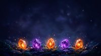Glowing magical crystals and gemstones with orange and purple light effects on dark mystical background, suitable for fantasy game design and digital art projects.