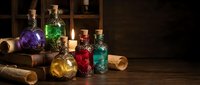 Colorful magical potions in glass bottles with cork stoppers arranged on wooden table with ancient scrolls and candlelight for fantasy gaming and mystical themes.