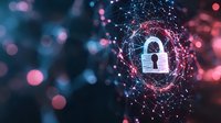 Glowing padlock icon surrounded by digital network connections and particles on dark background with red and blue bokeh lights for cybersecurity concept.