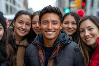Diverse group of young friends smiling together outdoors in urban setting, wearing casual winter clothing. Natural genuine expressions showcase friendship and unity.