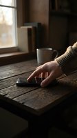 Person with fair skin wearing a cream knit sweater using smartphone on rustic wooden table with coffee mug and window light for work, communication, or lifestyle content.