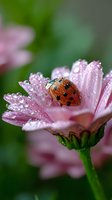 Ladybug resting on pink daisy petal covered in morning dew drops, macro photography with soft green background showing delicate natural garden scene.