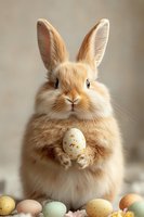 Adorable fluffy bunny holding speckled egg with pastel Easter eggs arranged below, perfect for holiday greeting cards and spring celebrations.