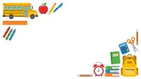 School bus, apple, pencils, ruler, crayons, alarm clock, backpack, notebook, scissors, and supplies on white background for education design projects.