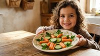 Happy young girl with curly hair enjoying healthy vegetable salad in rustic kitchen setting for nutrition and family meal concepts.