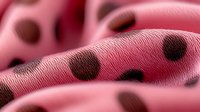 Pink fabric with brown polka dots in macro photography showing detailed textile texture and wave-like folds creating soft shadows and depth.