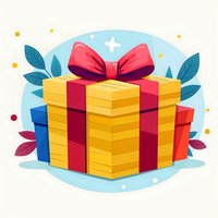 Yellow gift box with red ribbon and bow on pastel background, decorated with blue and burgundy leaves, stars and dots. Festive celebration illustration.