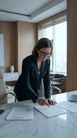 Middle-aged woman professional reviewing documents at marble desk in modern office with wood paneling and natural light from windows, suitable for business and corporate themes.