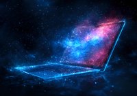 Glowing laptop emitting cosmic nebula and stardust against dark background, magical blue and pink space effects emerging from screen for technology concept.