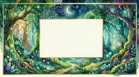 Enchanted forest frame with mystical trees, glowing moon and stars creating magical border for text or photos on cream background.