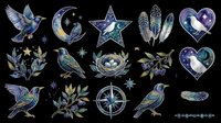 Celestial and nature-themed design elements featuring birds, stars, moons, hearts, feathers, and botanical motifs in deep blue and purple tones. Isolated on transparent background, ready for t-shirts, clipart, stickers, and print-on-demand projects.