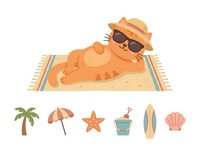 Cartoon cat wearing sunglasses and straw hat relaxing on striped beach towel. Isolated clipart with palm tree, umbrella, starfish, bucket, surfboard and shell icons for summer vacation designs.