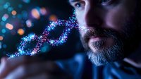 Bearded man observes glowing DNA helix structure with blue and purple particles against dark background with bokeh lights, representing genetic research and biotechnology.