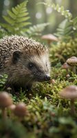 Adorable hedgehog exploring lush forest floor among ferns and mushrooms in natural woodland habitat for wildlife and nature photography.