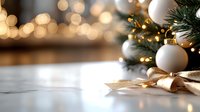 Christmas tree branch with white ornaments and golden ribbon on wooden table with warm bokeh lights creating festive holiday atmosphere for seasonal decorations.