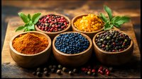 Colorful spices and peppercorns in wooden bowls on rustic table, fresh herbs and aromatic seasonings arranged in composition with warm lighting.