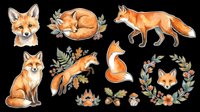 Watercolor fox illustrations in warm orange tones, isolated on transparent background. Includes fox head, sitting pose, walking figure, and decorative floral wreaths. Ready for t-shirt design, clipart, stickers, sublimation, and print-on-demand projects.