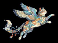 Ornate winged cat with decorative patterning, isolated on transparent background. Ready for t-shirt design, clipart, stickers, sublimation, and print-on-demand projects.